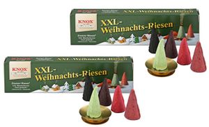 KNOX - 2er Set Räucherkerzen XXL Winterriesen (Tanne / Weihrauch / Sandel / Gebr. Mandel / Weihnacht) - Inhalt jeweils 5 Stück, inkl. Glimmschale - 071598