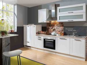 Küchenblock White Premium Landhaus  310 cm mit Glaskeramik Kochfeld und Geschirrspüler in Lacklaminat weiss