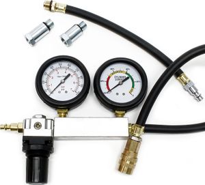 Tester kompresie Wiltec pre benzínové motory na diagnostiku netesností valcov Sada v kufríku s adaptérmi Mierka kompresie Tester kompresie