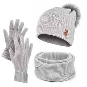 Damen Wintermütze Schlauchschal Handschuhe Set Winter Gestrickte Warme Mütze Schal Winterhandschuhe Grau