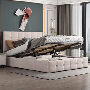 Merax Hydraulická posteľ Boxspring 140x200 cm so zásuvkou a výškovo nastaviteľným čelom, čalúnená posteľ s kovovým lamelovým rámom a úložným priestorom, zamatová manželská posteľ s úložným priestorom Funkčná posteľ, krémovo biela