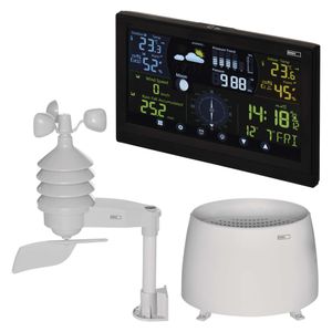 EMOS Profi Wetterstation Funk mit Außensensor und Touchscreen-Farbdisplay, Windmesser, Regenmesser, Wettervorhersage, mit Netzteil, E6016