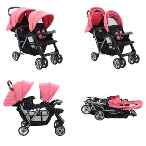 vidaXL Tandem Kinderwagen Stahl Rosa und Schwarz - Kinderwagen - Kinderbuggy - Kinderbuggys - Buggy