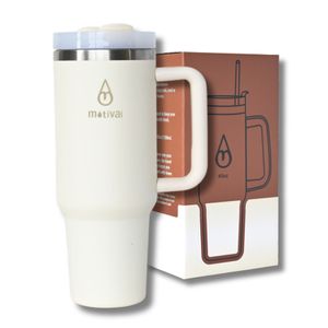Motivai® Tumbler - 40oz - Thermobecher mit Griff und Strohhalm - Edelstahlbecher - Travel Cup - Trinkbecher to go - Thermosflasche - Cremé