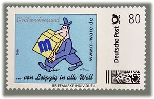 80ct. 'Briefträger blau', Cartoon-Briefmarke '... von Leipzig in alle Welt'. ID20321
