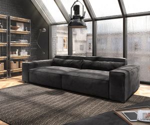 DELIFE Big-Sofa Sirpio XL 270x125 cm Mikrofaser Schwarz Kedernaht mit Hocker