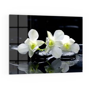 DEQORI Küchenrückwand Glas 80x60 cm 'Orchidee mit Zen-Steinen' Spritzschutz Bad Rückwand