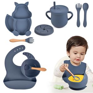 Kindergeschirr-Set Baby-Teller 8-teiliges Set Kinderteller mit Saugnapf Kindergeschirr Teller Lätzchen Schüssel Löffel Gabel Trinkbecher