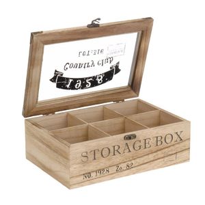 ToCi Teebox Holz Natur mit 6 Fächern | Rechteckige  Teekiste Teedose Teebeutel Box Aufbewahrung | 24 x 16 x 8,5 cm (LxBxH) | „Storage Box“ im Retro Look