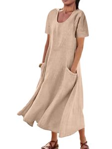Damen Einfarbige Baumwolle Leinen Langes Kleid Lose Urlaub Casual Kurzärmeliges Maxikleider  Orange,Größe:Xl