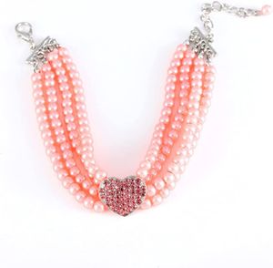 Haustier-Halsband mit vier Reihen Perlen-Punkt-Diamant-Halskette, verstellbar, Herzform, Katzen- und Hunde-Schmuck, dekorativer Schmuck (M, Rose)