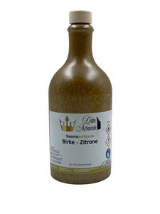 Sauna Aufguss Konzentrat Birke-Zitrone - 500ml in braun-christallener Steingutflasche mit Korkmündung