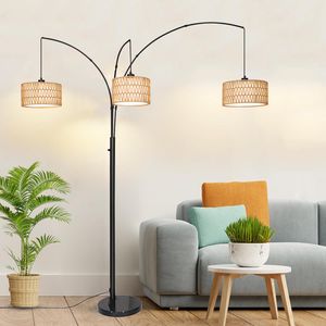 180cm Rattan Stehlampe Boho Stehleuchte mit 3 Lampenschirm Höhenverstellbar Standleuchte für Schlafzimmer Wohnzimmer Büro