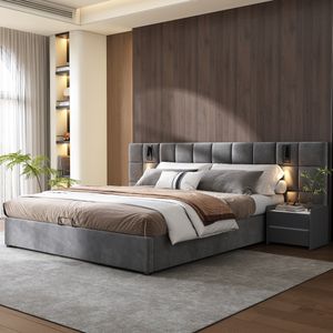 Flieks Čalouněná postel 180x200 cm s USB a lampičkou na čtení, postel Boxspring s lamelovým rámem, manželská postel s úložným prostorem, funkční postel s úložným prostorem, sametová, šedá