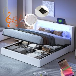 Flieks Polsterbett 160x200cm mit USB und Bluetooth-Player, Boxspringbett Doppelbett mit LED und Lattenrost, Stauraumbett Jugendbett, PU, Weiß