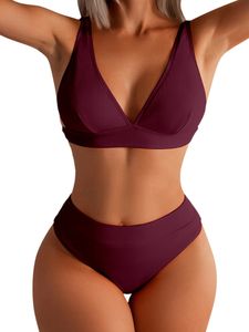 Damen High Waist Bikini Sets Zweiteiliger V-Ausschnitt Badeanzug Breite Träger Bademode Rotwein,Größe:S