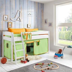 Halbhohes Kinderbett VIBORG-13 90x200 cm Buche massiv weiß lackiert, mit Textilset grün/orange
