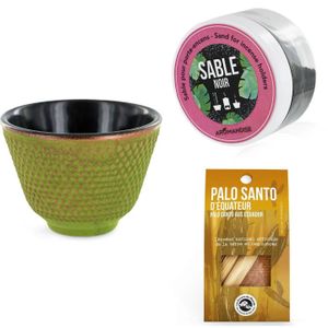 Räucherstäbchenhalter Schale Grün und Gold + Schwarzer Sand + Palo Santo Stäbchen