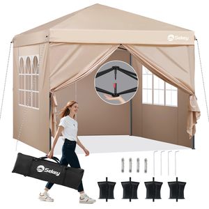 Sekey Faltpavillon 3x3 mit 4 Seitenwänden und mit 4 Sandsäcke, Wasserdicht Pop Up Pavillon für Camping, Festival, Events, Picknicks, Taupe