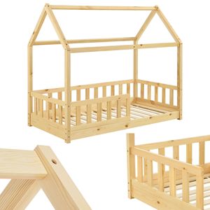 Juskys Kinderbett Marli 80 x 160 cm - Rausfallschutz, Lattenrost & Dach - Holz Natur
