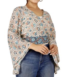 Kurztop, Boho Blusentop, Wickeltop, Baumwoll Wickelbluse mit Trompetenärmel - Beige/blau, Damen, Creme-weiß, Baumwolle, Blusen & Tunikas