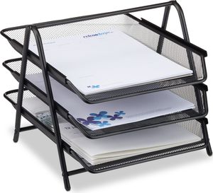 Kovový zásobník na dokumenty Relaxdays, zásobník na dopisy, 3 přihrádky, síťovaný design, zásobník na dokumenty A4, černý, 35,5 x 29,5 x 27 cm