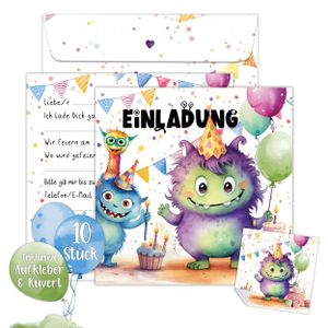 Monster Einladung Kindergeburtstag Junge | XXL Monster Einladungskarten Geburtstag 15 x 15 cm | 10er Set mit Umschlägen & Stickern | Geburtstagseinladungen Jungen