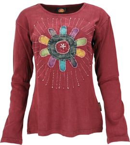 Besticktes Patchwork Langarmshirt, Farbenfrohes Stonewash Shirt - Blum/rost, Damen, Rot, Baumwolle, Größe: S
