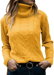 ASKSA Dámský elegantní svetr s rolákem, ležérní pletený svetr s dlouhým rukávem, žlutý, XL