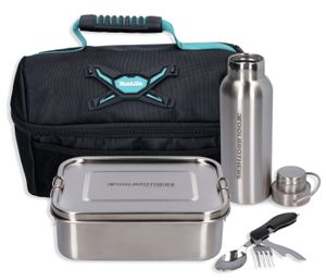 Toolbrothers Fan Lunchpaket in Makita Kühltasche mit Edelstahl Brotdose mit Trennfächern und Edelstahldeckel 1200 ml + Edelstahl Trinkflasche 500 ml + 4 in 1 Multifunktions Besteck