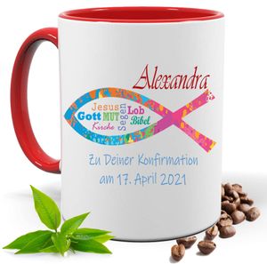 Konfirmation Geschenk, bedruckte Bunte Fisch Tasse Rot personalisiert mit Namen und Datum |Geschenk Idee| Kaffee Tee Tasse | Fototasse, Motivtasse | Kaffeetasse, Teetasse |Keramik