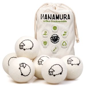 Hanamura Trocknerbälle - 6 Wäschetrocknerbälle aus 100% Schafwolle - Inklusive Aufbewahrungsbeutel
