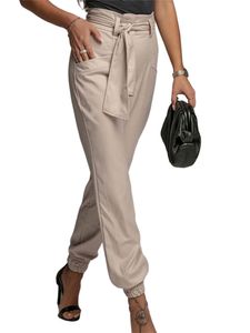 MORYDAL Damen Chinos Hohe Taille Hosen Sommer Reißverschluss Palazzo Pant Lässige Gürtel Loungewear, Farbe:Beige, Größe:S