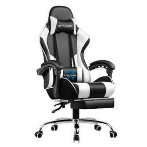 GTPLAYER Gaming-Stuhl Schreibtischstuhl, Ergonomischer Bürostuhl Mit Massagefunktion und Fußstütze, Gestänge Handlauf, Fußkreuz aus Stahl, Weiß