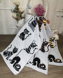 3er Set 100% Baumwolle zweiseitige Handtücher 50x100cm Geschirrtüchern mit Druckmotiv Katzen Design Katzenmotiv