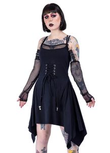 Poizen Industries Kleid Coventina Dress Gothic Schnürung Nu Goth Netz Armstulpen