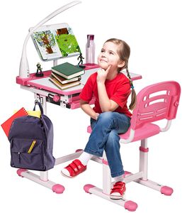höhenverstellbarer Kinderschreibtisch mit Lampe & Bücherständer, Schülerschreibtisch Jugendschreibtisch neigungsverstellbar, Schreibtisch Set für Kinder mit Stuhl und Schublade (Rosa)