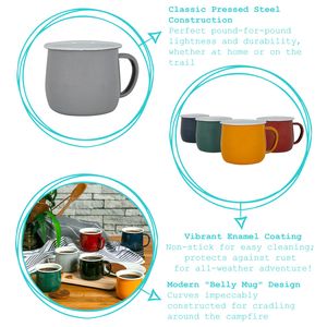 Argon Ta Bauch Tassen Farbige Emaille - Stahl Outdoor-Camping-Tee-Kaffeetasse - 375ml - Grau / Creme - Packung mit 4