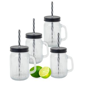 Trinkglas 450 ml mit Deckel und Strohhalm - 4er Set - Trink Becher mit Henkel - Deckel Trink Cocktail Glas für Wasser Saft Limonade Longdrinks