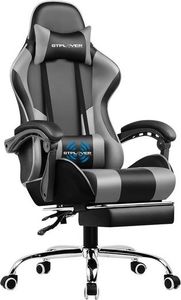 GTPLAYER Gaming Stuhl mit Fußstütze und Massage-Lendenkissen Bürostuhl Zocker Stuhl Ergonomischer Gamer Stuhl mit Verbindungsarmlehnen bis 150kg belastbar grau