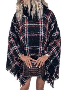 Damen High Neck Poncho Pullover Arbeit Langarm Sweatshirt Cape Cosy Plaid-Strickkippen,Farbe:Schwarz,Größe:Einheitsgröße