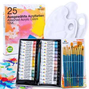 Tritart Acryl-Farben-Set HOCHWERTIG | Malfarben Tuben 25 x 12ml mit 12 Pinsel und 2 Mischpaletten | Acrylic Paint