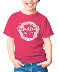 Kinder Mädchen T-Shirt Schulanfang Schulkind Jahreszal anpassbar Blumenkranz Gänseblümchen SpecialMe® pink 122-128 (7-8 Jahre)