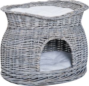 PawHut Rattan Weidenkorb für Katzen Katzenhütte mit 2 weichen Liegekissen Katzenkorb Haustierbett aus Wasserhyazinthe für Wohnzimmer Grau 56 x 37 x 40 cm