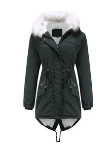 Damen Outwear Mantel Winter Warme Kapuzen Parka Fleece Gefütterte Trenchcoat Jacke,Farbe: Dunkelgrün,Größe:3XL