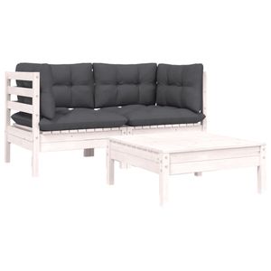 vidaXL 3-tlg. Garten-Lounge-Set mit Kissen in Weiß Kiefer Massivholz