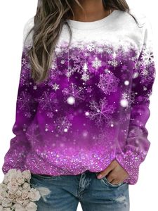 Frauen Farbblock Sweatshirts Fallen Langen Pullover Crew Hals Weihnachten, Farbe: Violett, Größe: L