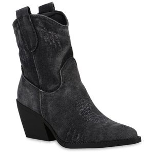 VAN HILL Damen Cowboy Boots Stiefeletten Spitze Denim Stickereien Schuhe 840975, Farbe: Schwarz Denim, Größe: 39