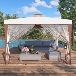 Mondeer Gartenpavillon 3x3m Doppeldach Gartenlaube Pavillon Terrassenpavillon mit Moskitonetz Gartenzelt Partyzelt Beige