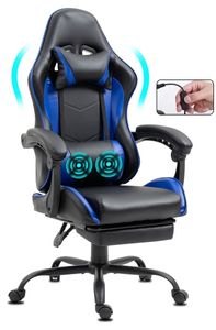 GEMANI Bürostuhl Gaming Stuhl Massage Gaming Sessel Ergonomischer Gamer Stuhl mit Fußstütze Kopfstütze Massage-Lendenkissen Gaming Chair Drehsessel 02-0042 Blau